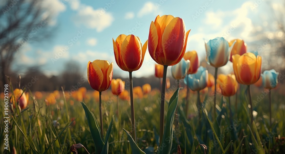 Fototapeta premium Full bloom tulips showcasing bright colors against a peaceful springtime backdrop