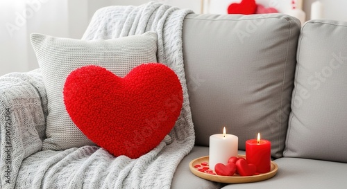 Cozy Valentine’s Day Home Decor with Red Heart Pillow and Warm Candlelight