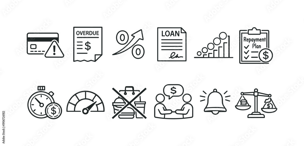 Fototapeta premium Financial icons collection: credit card, overdue bill, loan, graph, and more