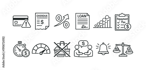 Financial icons collection: credit card, overdue bill, loan, graph, and more