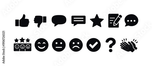 Collection of black icons representing customer feedback, ratings, and communication