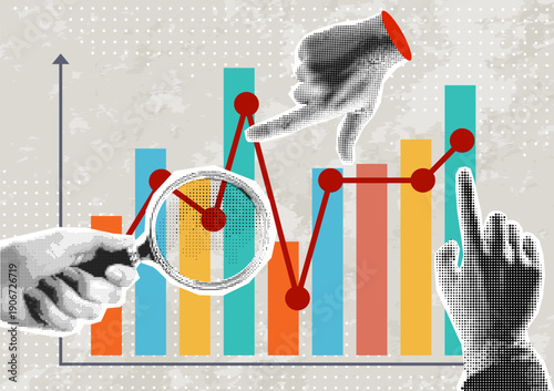 Data analytics concept. Halftone hand draws sales graph. Modern collage design. Pop art. Growth сhart. Successful business performance. Financial success. Business data graph. Achieving high results	