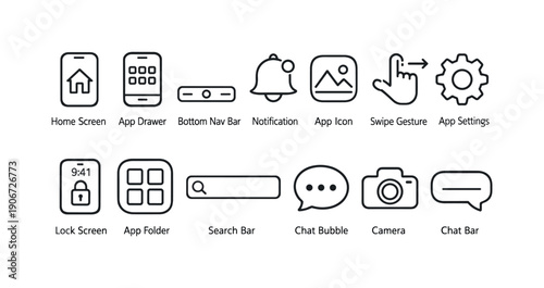 Collection of simple line icons representing common mobile app interface elements and functions