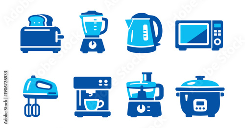 Blue kitchen appliance icons set