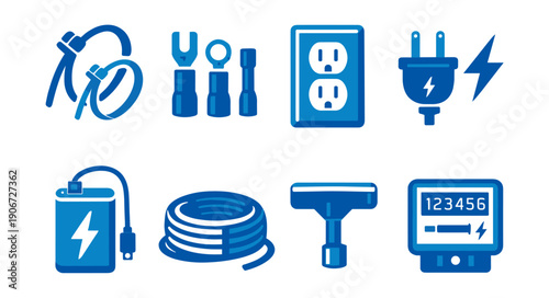 Electrical and electronic blue icons set