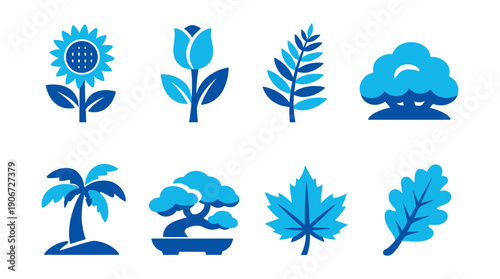 Botanical blue plant icons set