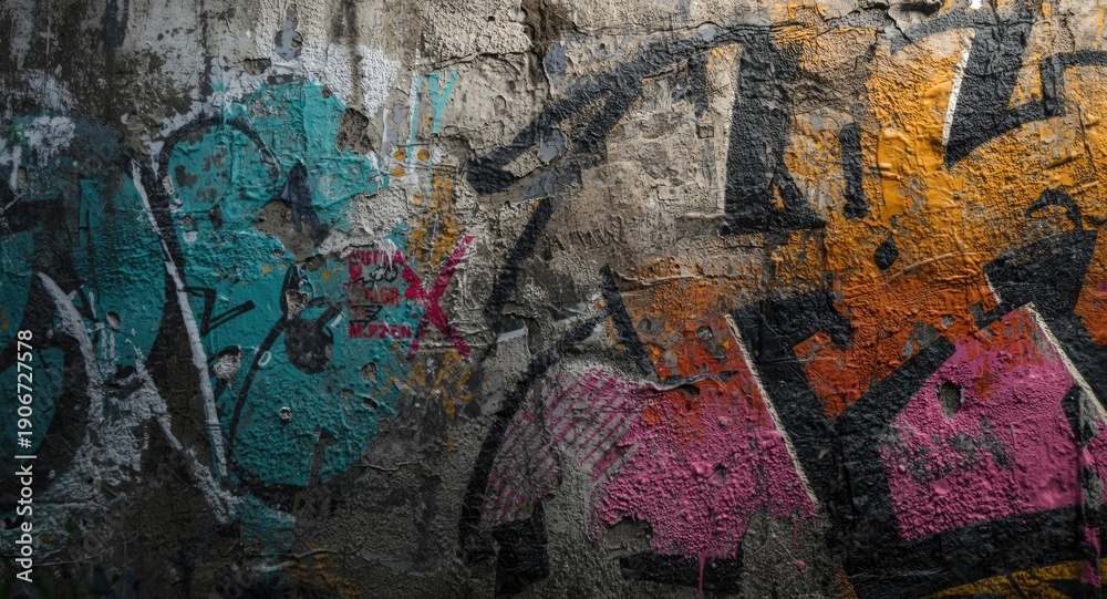 Fototapeta premium Copy space textured image showing a weathered wall decorated in metallic aerosol graffiti and street art visuals