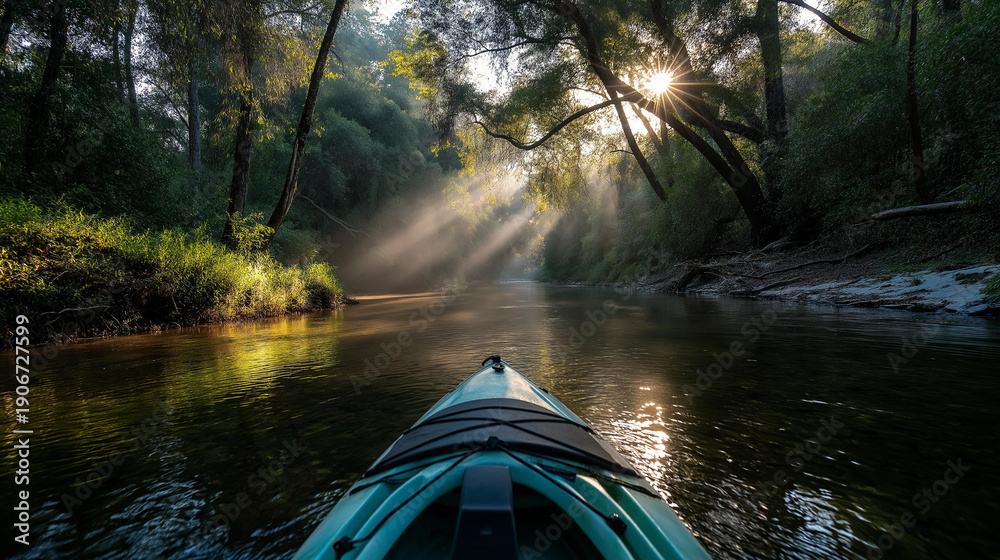 Fototapeta premium Serene nature on peaceful kayaking trip down river, sunbeams filtering through trees as paddles cut through calm water, journey offering relaxation and quiet outdoor enjoyment,