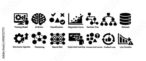 Collection of machine learning and AI icons representing data science concepts and algorithms