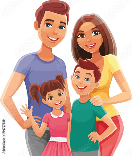 Upbeat illustration of a modern family of four posing closely, parents with warm smiles and children looking cheerful, symbolizing unity.