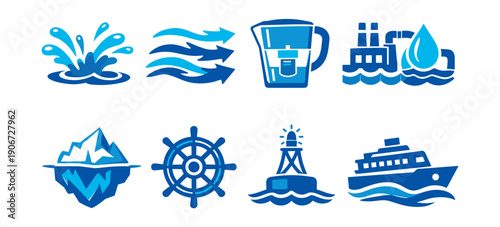 Water and Maritime Blue Icons Set