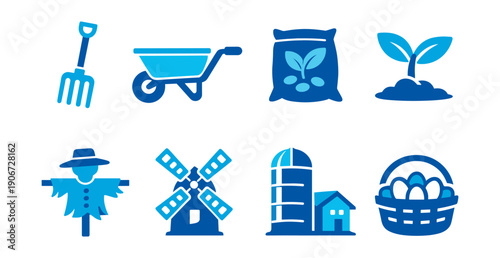 Agriculture and farming blue icons set