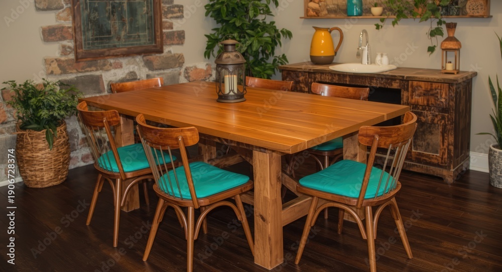 Obraz premium Cozy rustic dining area featuring wooden table and retro chairs with stylish home accessories