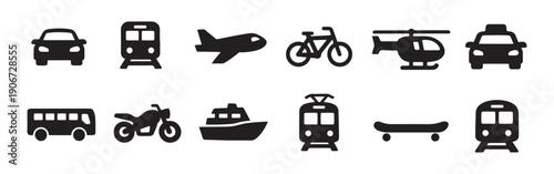 A versatile set of 12 minimalist black transportation icons featuring land, air, and sea vehicles, perfect for travel and navigation designs.