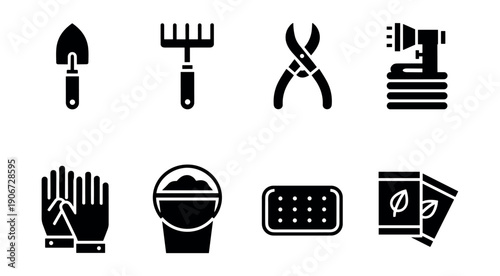 Gardening tools and supplies icon set