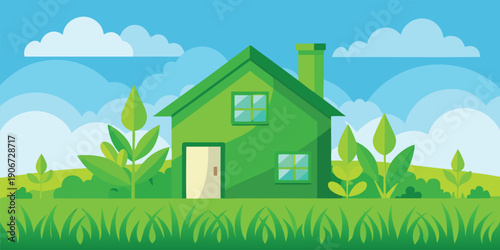 A cheerful green house with surrounding foliage stands against a bright blue sky with fluffy white clouds, embodying eco-friendly living.
