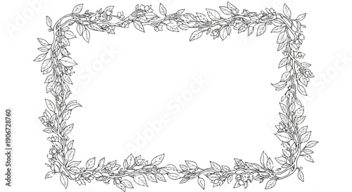 Elegant hand-drawn botanical frame with delicate leaves and small blossoms forming a decorative rectangular border.