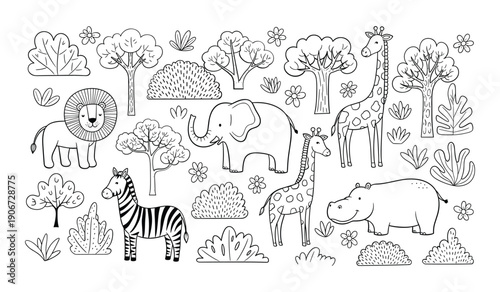 Black And White Line Safari Animals With Stylized Trees And Floral wildlife zebra giraffe