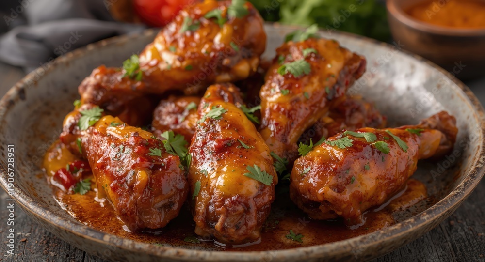 Fototapeta premium Glazed chicken wings and drumsticks with spicy mango chili sauce and coriander on a rustic serving plate
