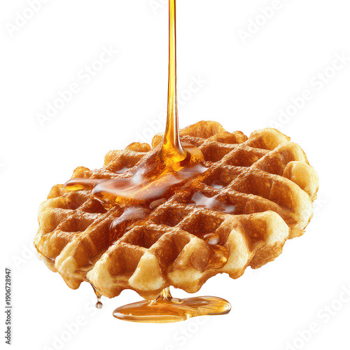 Delicious fresh baked waffles with syrup and butter isolated on a white background for a sweet breakfast snack or tasty dessert meal