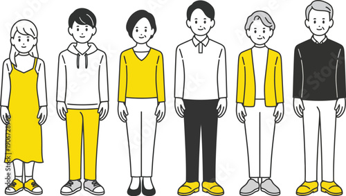 Full body illustrations of a diverse family group including children and elderly, standing in a line with yellow accents, clean vector style