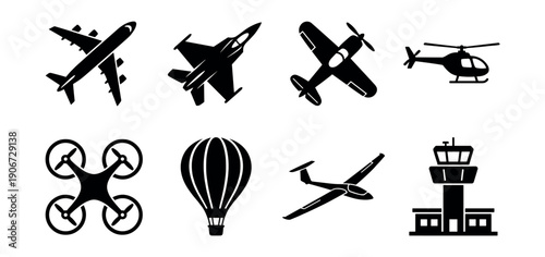 Air transportation silhouette icons set
