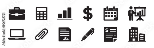 A collection of 12 black business and finance icons featuring a briefcase, chart, calculator, calendar, laptop, and more on a white background.