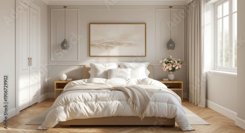 Cozy bedroom ambiance with double bed under horizontal artwork and floral vase positioned by window