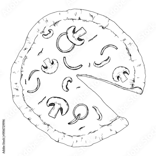 Black and white vector pizza with mushrooms and onion rings. Hand drawn vegetarian food in ink line art style for restaurant menus, packaging, cooking concepts and cuisine related designs