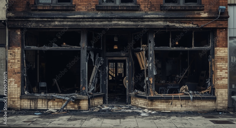 Fototapeta premium Commercial premises severely affected by fire with burnt facade