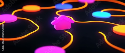 Glowing pink house icon connected to colorful nodes via illuminated orange network lines