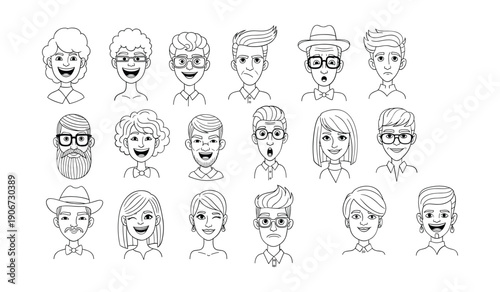 Collection Diverse Smiling Frowning Cartoon Faces Various Ages Hairstyles Accessories Line Art