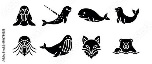 Arctic wildlife silhouette icons set