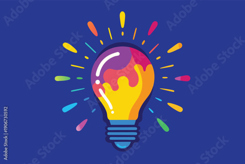 A colorful lightbulb bursts with vibrant paint splatters and energetic rays on a dark blue background, symbolizing creative ideas.
