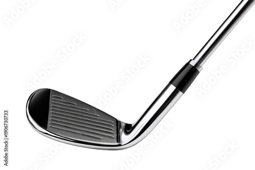 A silver metal golf club and ball resting beside a black artist paintbrush with fine bristles on an isolated background for a creative design