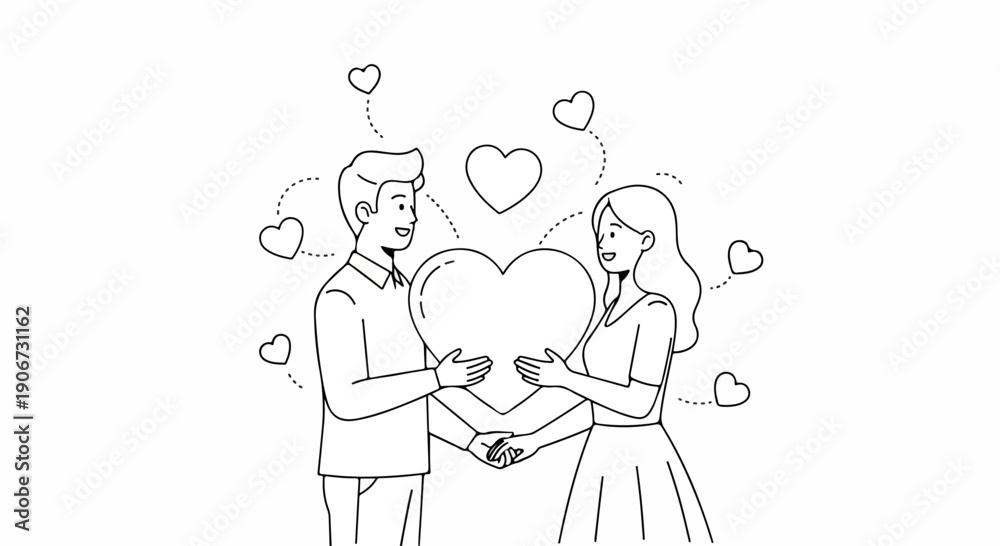Obraz premium Line drawing of a smiling man and woman holding a large heart together with smaller hearts around them on a white background.