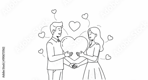 Line drawing of a smiling man and woman holding a large heart together with smaller hearts around them on a white background.
