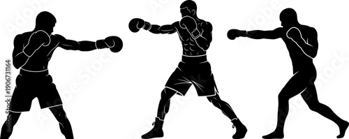 Collection of three boxing athlete silhouettes throwing punches isolated on white background for sports fitness and combat design