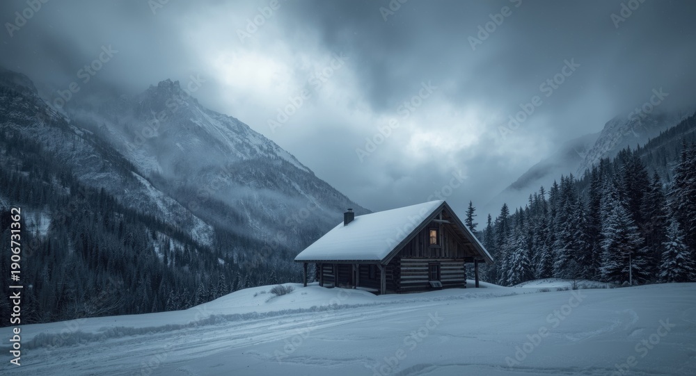 Fototapeta premium Brutal snowstorm hitting a cabin in high mountain terrain