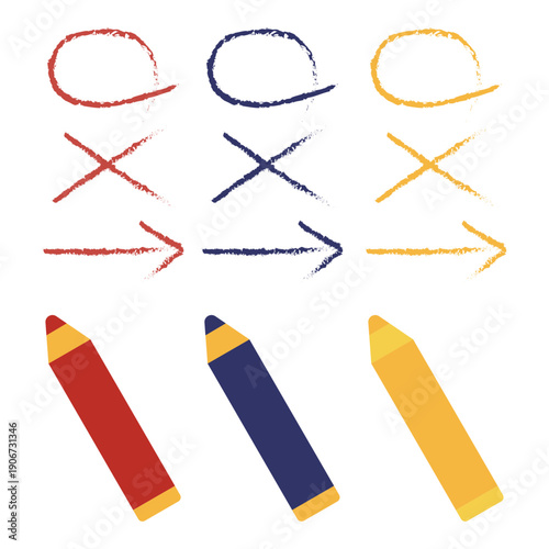 색연필 손그림 느낌의 동그라미, 엑스, 화살표 아이콘 세트