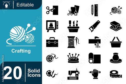 Solid Crafting Icons Set A Comprehensive Collection of Creative Tools and Hobbies for DIY Enthusiasts and Designers