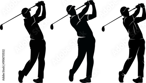Set of three golfer silhouettes finishing swing isolated on white background for golf sport tournament and training design