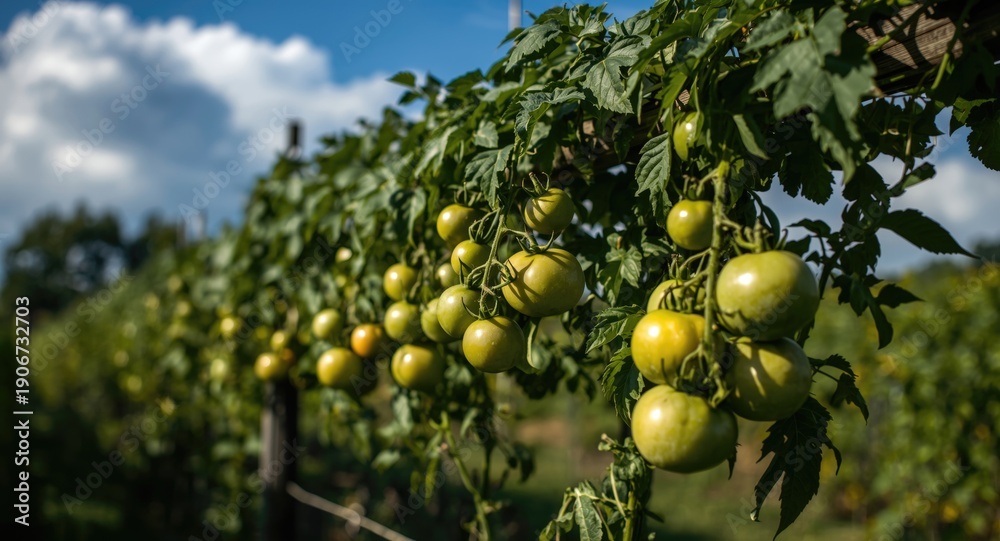 Naklejka premium Green tomatoes hanging in bunches on a long vine outdoors