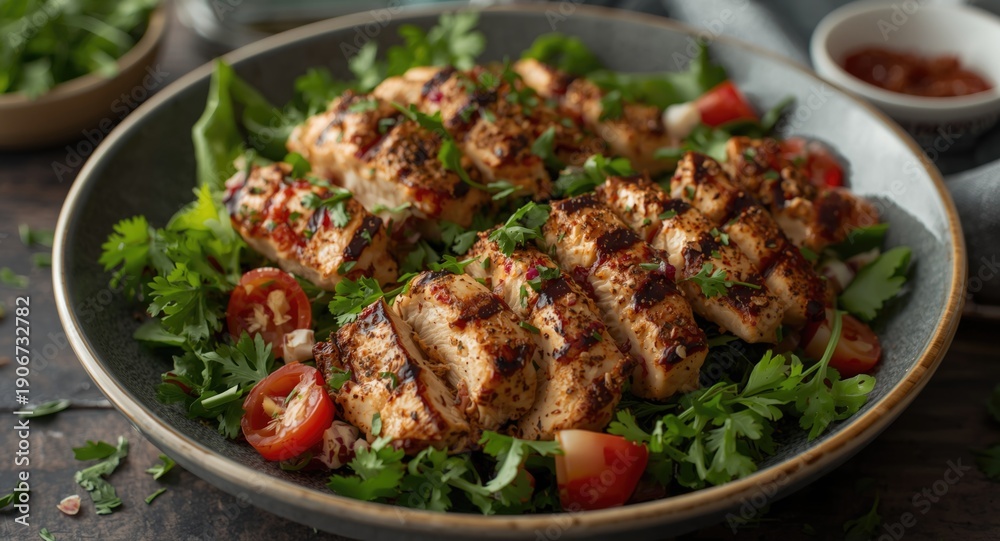 Fototapeta premium Grilled Chicken Shawarma Salad Accented with Sumac and Fresh Parsley