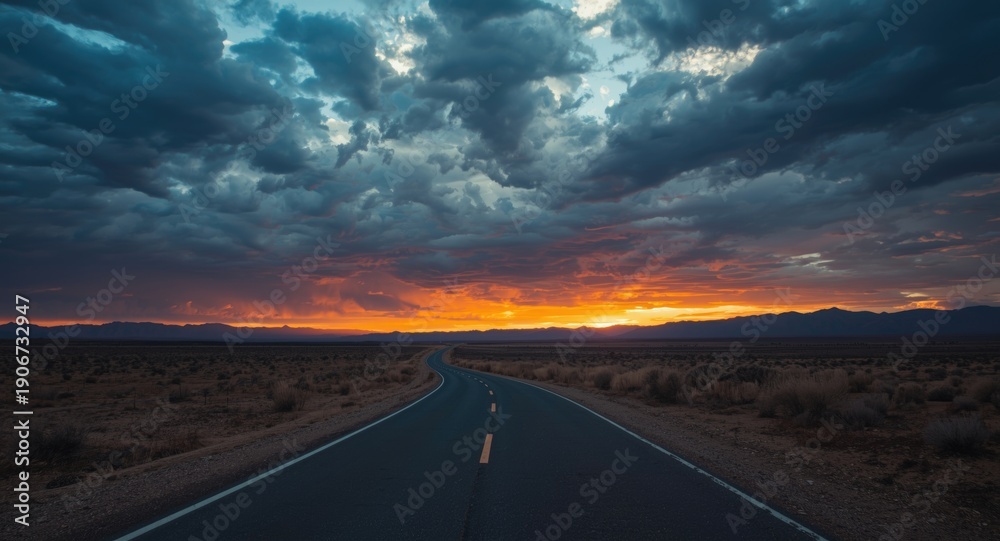 Naklejka premium Desert landscape at dusk with curving road and powerful sky clouds offering copy space