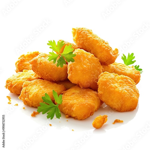 A pile of crispy golden chicken nuggets with fresh parsley. White background