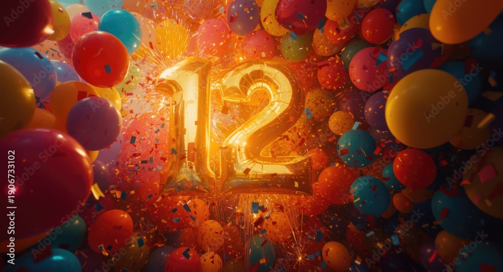 Naklejka premium Glowing golden twelve amidst floating balloons, confetti, and bright spark lighting
