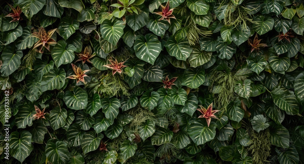 Obraz premium layered tropical foliage wall combining marble queen pothos and bromeliads