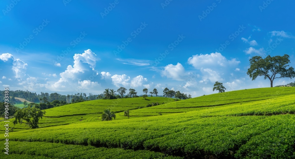 Fototapeta premium Beautiful tea plantation landscape under clear blue sky