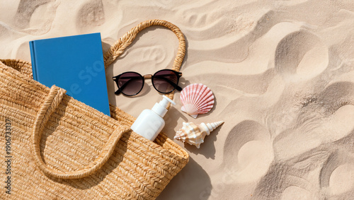 Summer beach flat lay with straw bag sunglasses book and seashells on sand, vacation essentials and travel concept